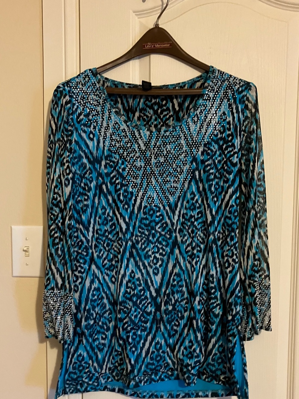 INC International Concepts Teal & Black Beaded Scoop Neck Blouse
